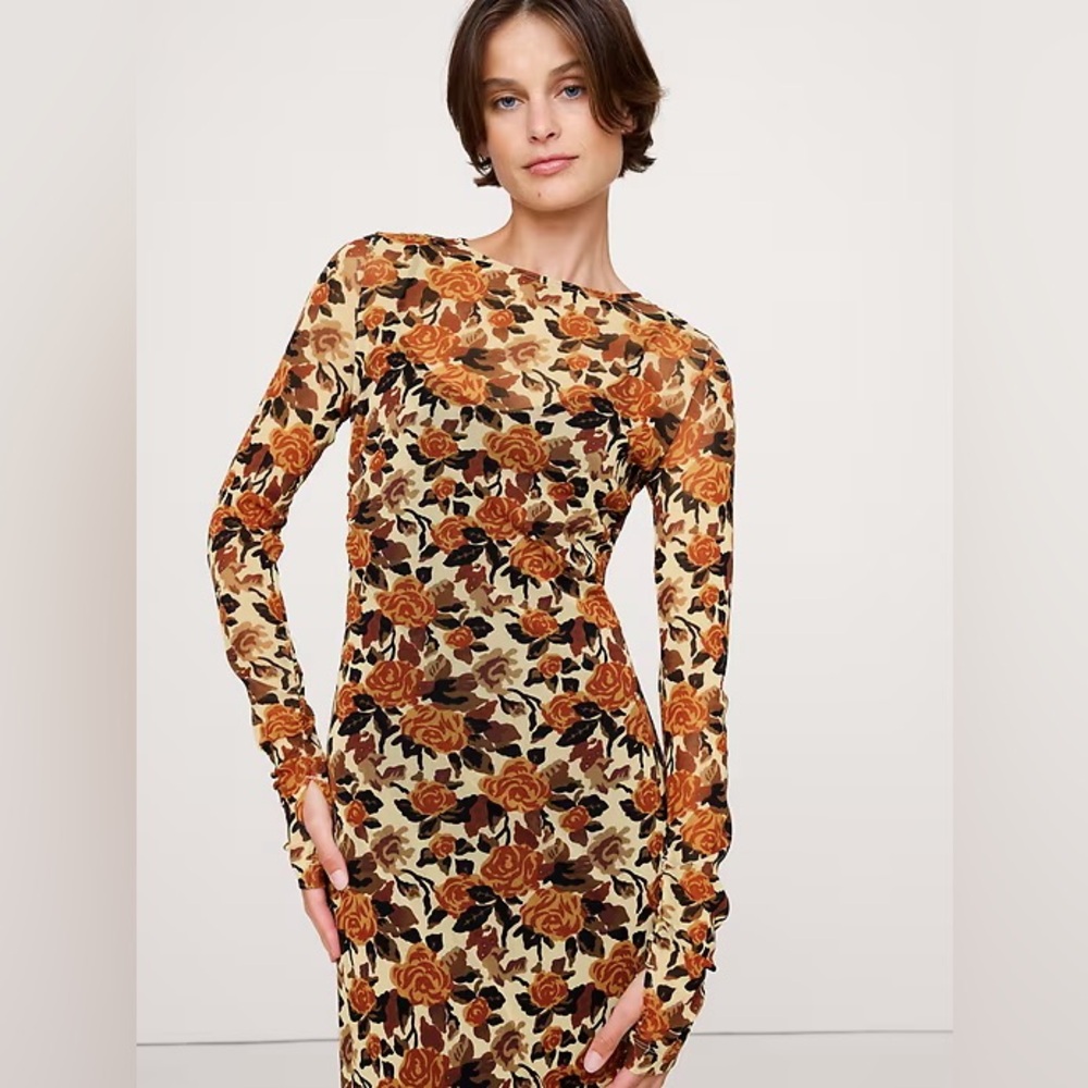 Printed Mesh Maxi Dress, Yellow Roses, Banana Republic, size Large